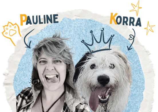 Pauline à gauche tire la langue, pour ressembler à Korra à droite en miroir qui a une grande langue pendante.